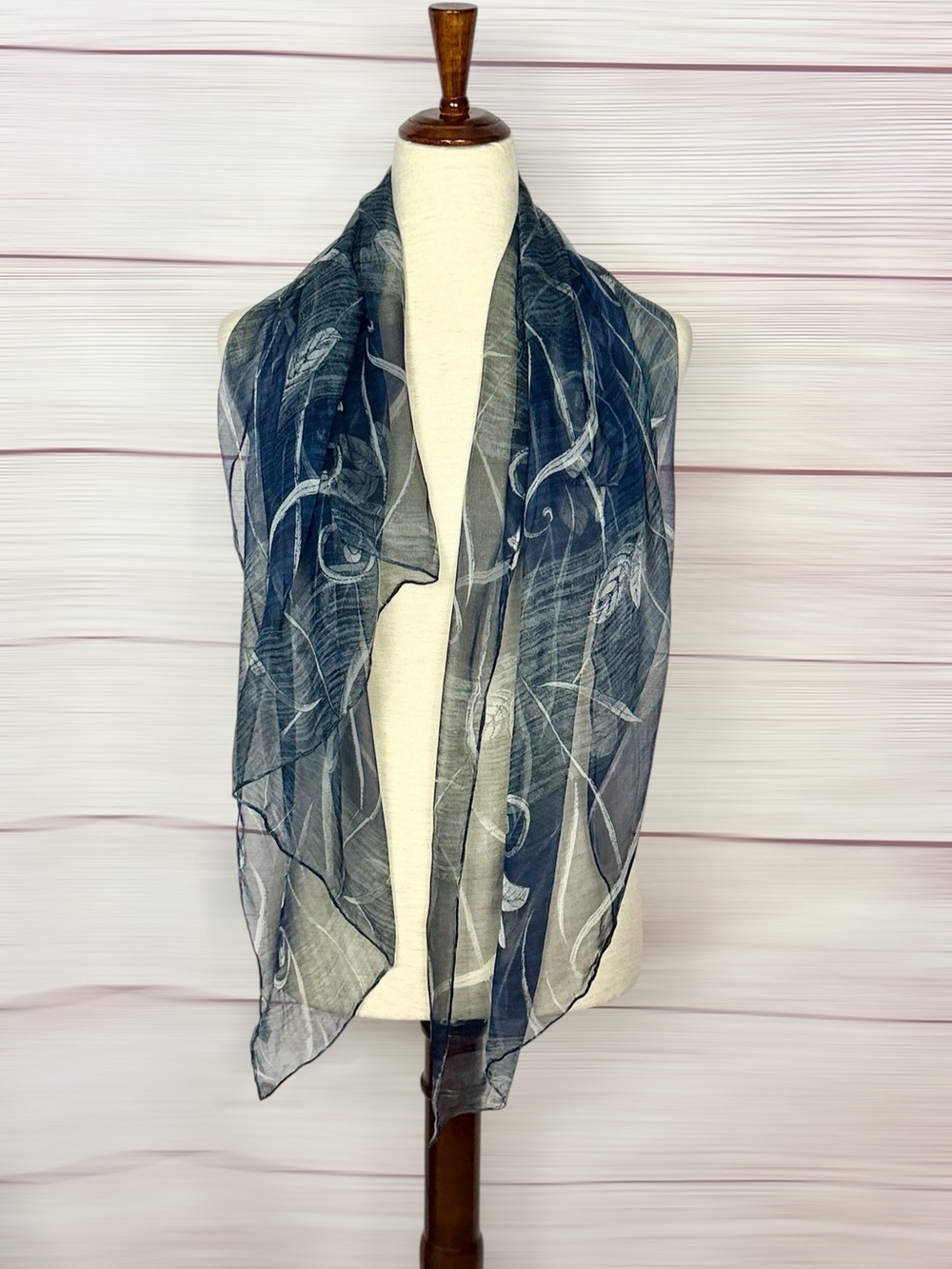 NWT HUALI Silk Chiffon Scarf Dark Blue Floral Sheer Lightweight Hand Rolled